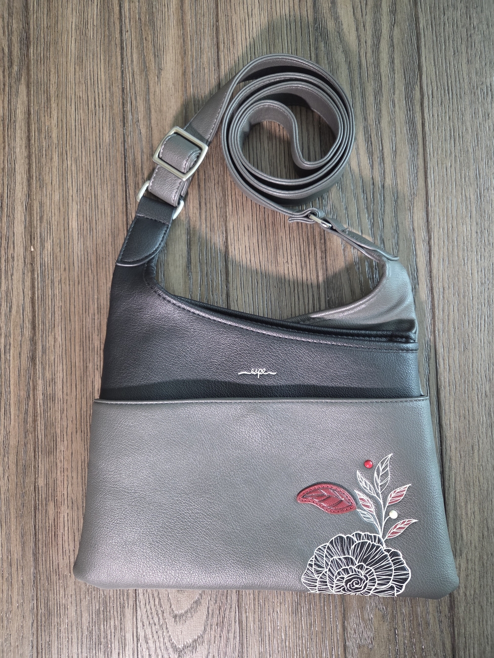 Grey Floral Crossbody Bag with Embroidered Accent